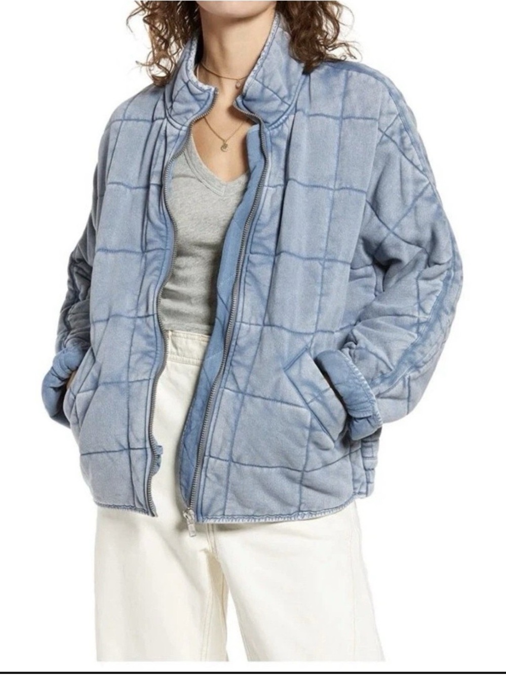 Free People Dolman Quilted Pale Washed Blue Zip-Front Bomber Jacket L